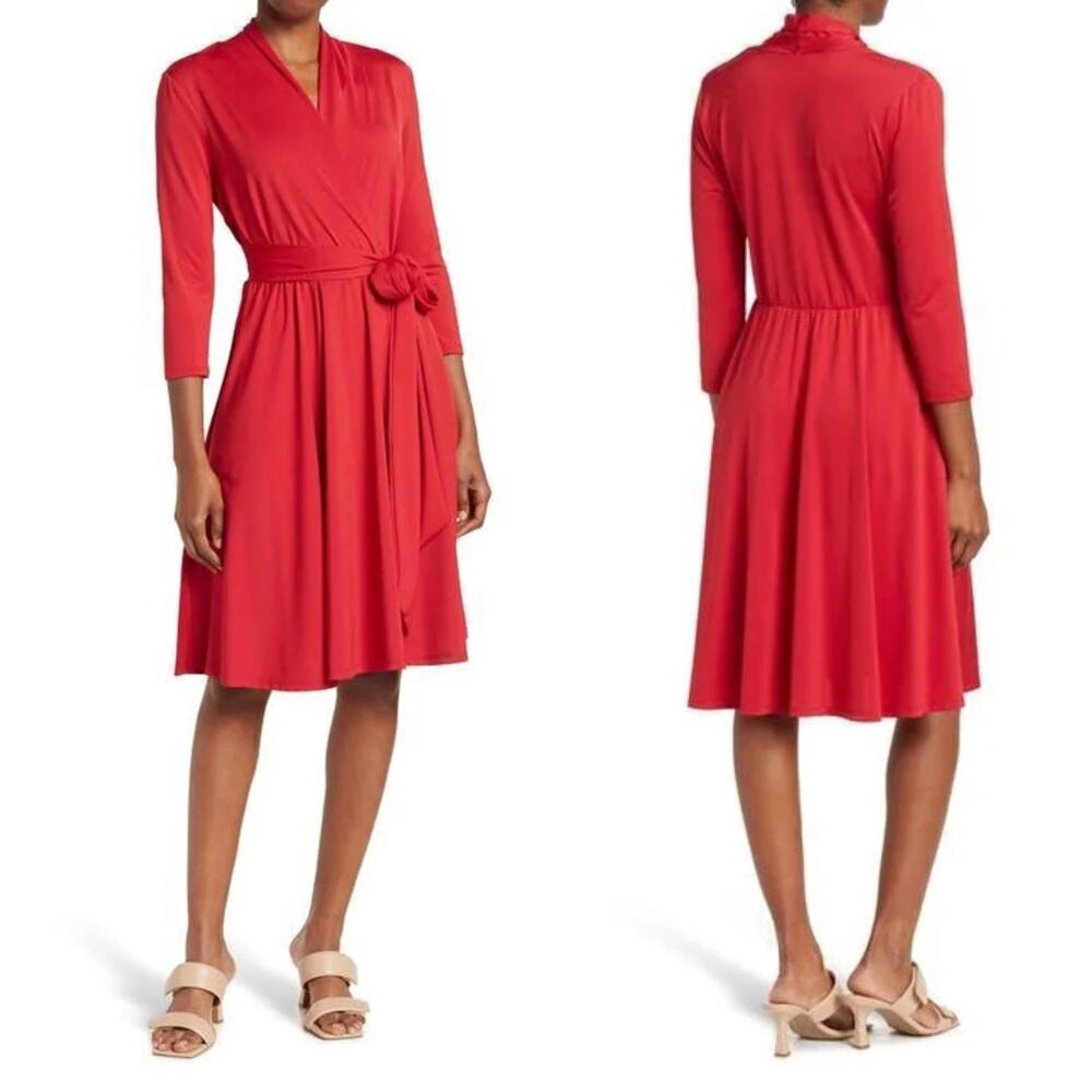 By Design Prescott Dress 3/4 Sleeve Tie Waist Faux Wrap Knee Length Red Medium